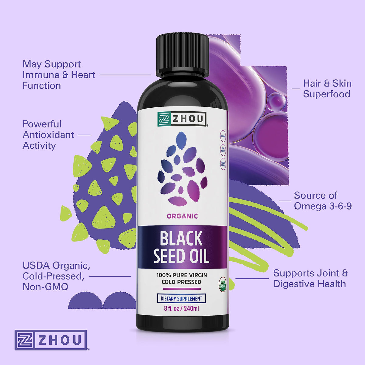 Zhou Organic Black Seed Oil | 100% Virgin Cold Pressed Omega 3 6 9 | Super Antioxidant