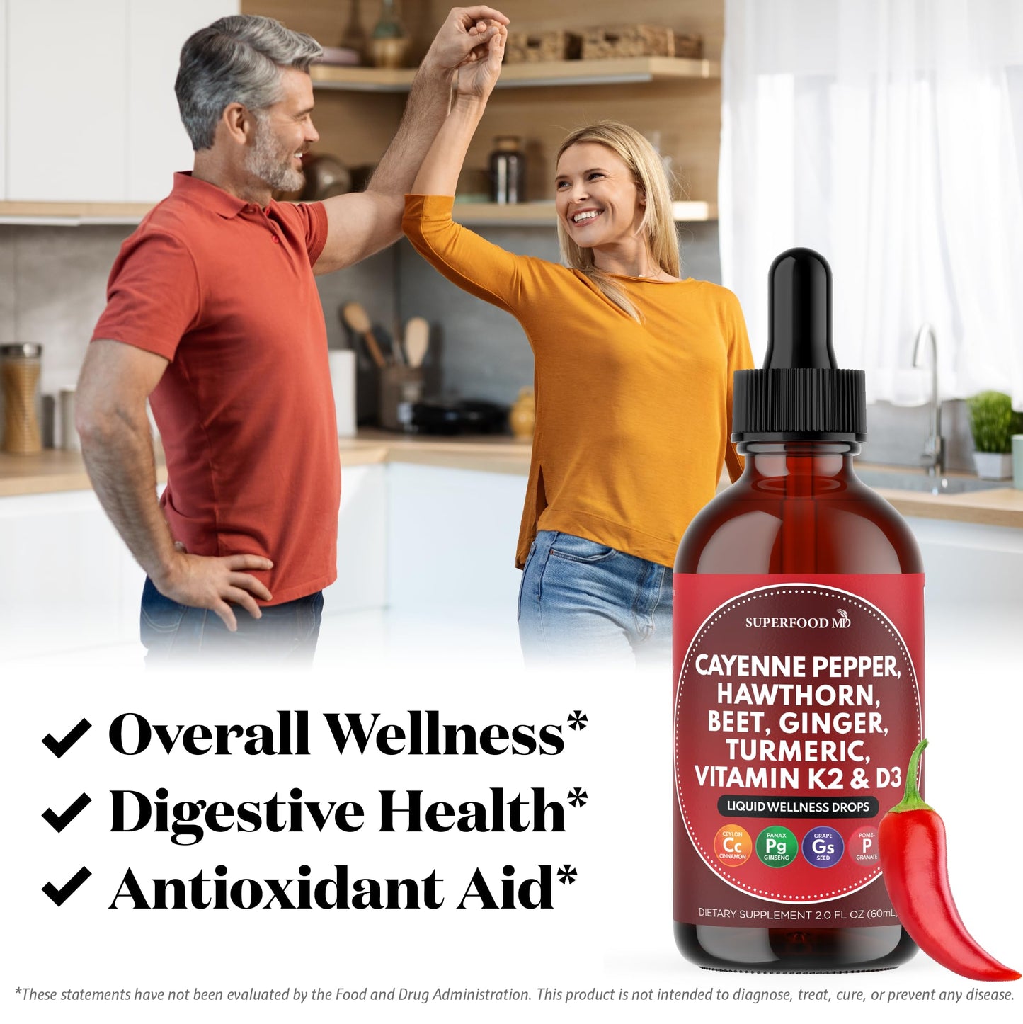 Cayenne Pepper Supplement Liquid Drops + Hawthorn Berry, Vitamin D3 K2 Beet Root Powder, Ceylon Cinnamon, Turmeric Curcumin, Organic Panax Ginseng - 4 OZ