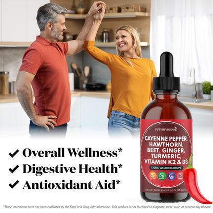 Cayenne Pepper Supplement Liquid Drops + Hawthorn Berry, Vitamin D3 K2 Beet Root Powder, Ceylon Cinnamon, Turmeric Curcumin, Organic Panax Ginseng - 4 OZ