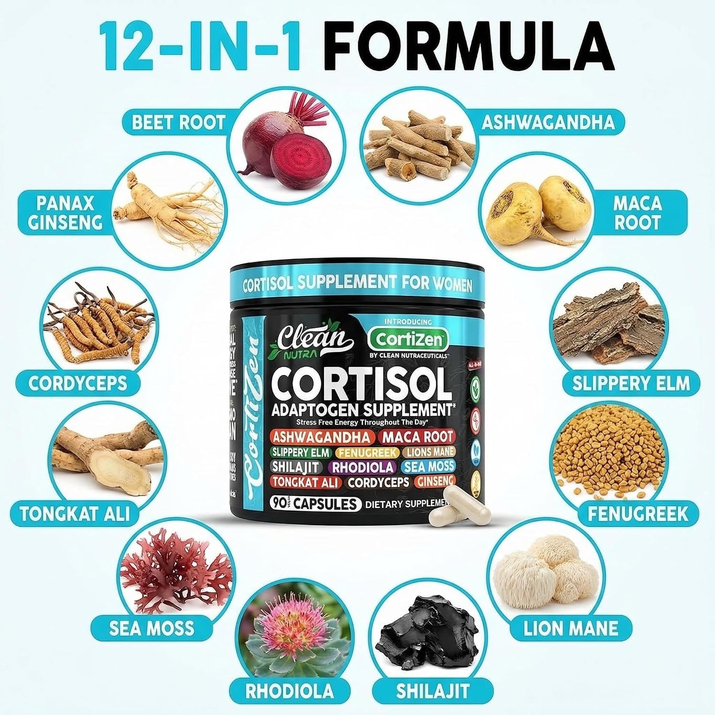Clean Nutra Cortisol Supplements For Women | Maca Root Ashwagandha Cortisol Detox Manager Reducer + Slippery Elm Fenugreek Lions Mane Shilajit Rhodiola Sea Moss Tongkat Ali Cordyceps Ginseng Beet Root