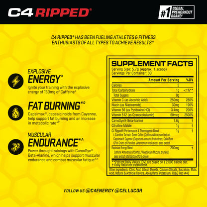 Cellucor C4 Ripped Pre Workout Powder Cherry Limeade | Creatine Free + Sugar Free