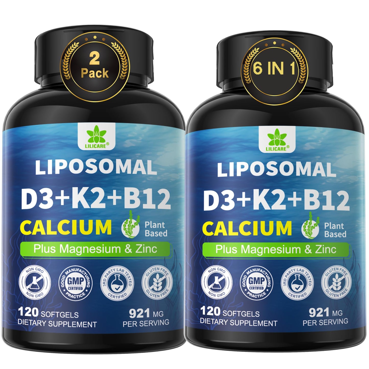 6-in-1 Plant Based Calcium Supplements for Women Men- Calcium 600mg w/ D3 K2 5000 IU Vitamin, Liposomal & Algae Ca-lcium Magnesium Zinc + Vegan Vitamin D 5000 IU + K2 MK7 + Methyl B12 for Bone, 1 Pack