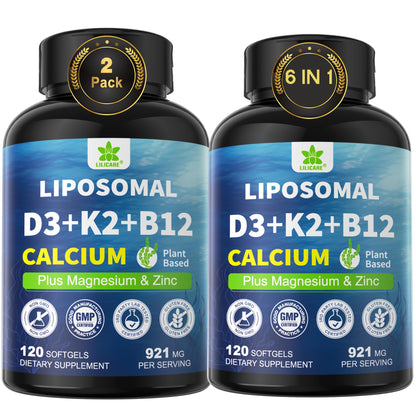6-in-1 Plant Based Calcium Supplements for Women Men- Calcium 600mg w/ D3 K2 5000 IU Vitamin, Liposomal & Algae Ca-lcium Magnesium Zinc + Vegan Vitamin D 5000 IU + K2 MK7 + Methyl B12 for Bone, 1 Pack