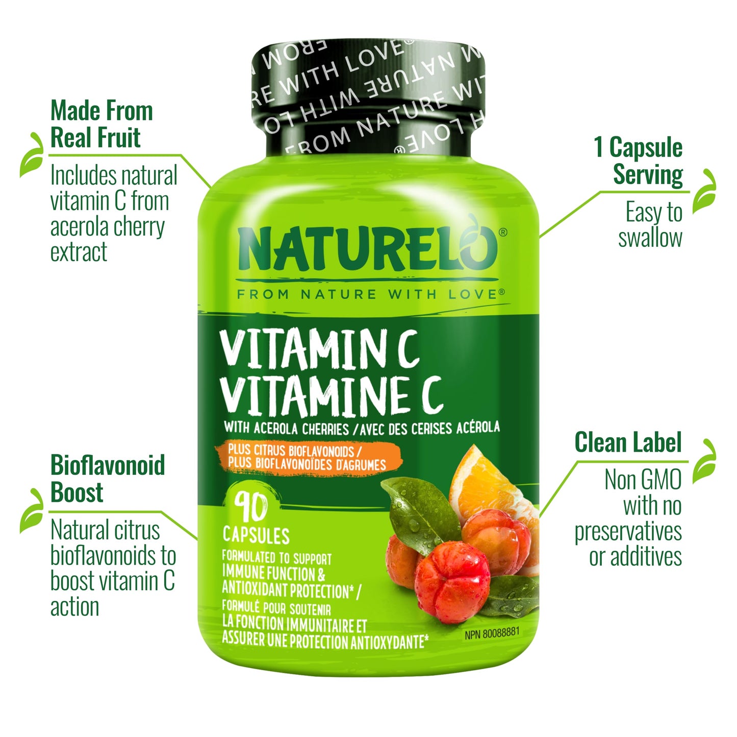 NATURELO Vitamin C with Organic Acerola Cherry Extract and Citrus Bioflavonoids - Vegan Supplement - Immune Support - 500 mg VIT C per Cap - Non-GMO - 90 Capsules