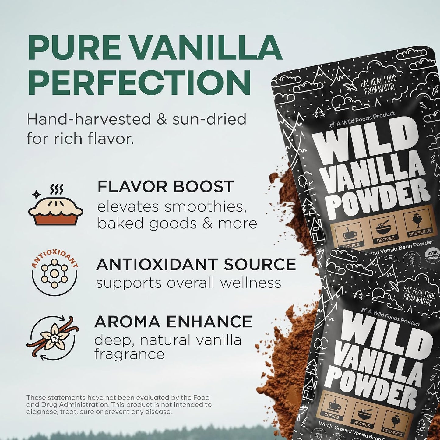 Wild Foods Organic Vanilla Bean Powder - All Natural Pure Vanilla from Madagascar - For Baking Cooking Coffee Flavoring & Smoothies - Unsweetened Gluten Free Non GMO Superfood (1 ounce)