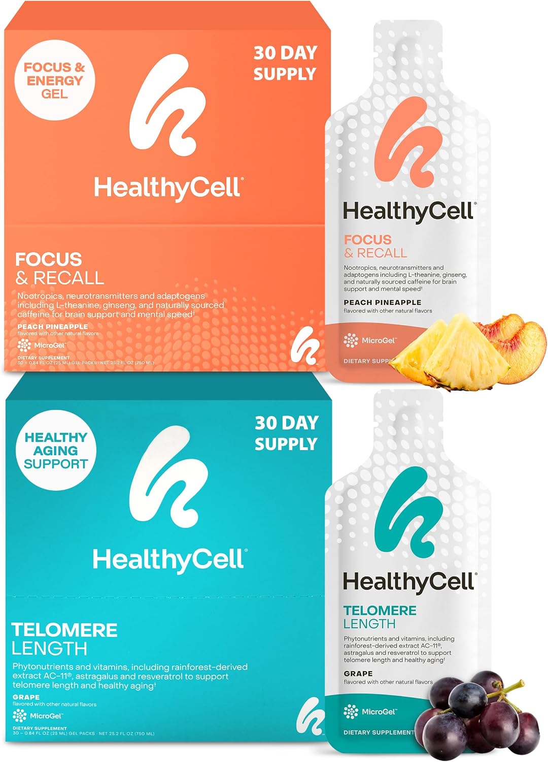Healthycell Telomere Length + Focus & Recall Brain Supplement Bundle | Telomere Length Healthy Aging Supplement + Focus & Recall Brain Supplement for Memory, Focus & Concentration - Daily Duo