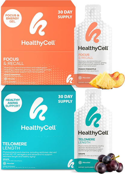Healthycell Telomere Length + Focus & Recall Brain Supplement Bundle | Telomere Length Healthy Aging Supplement + Focus & Recall Brain Supplement for Memory, Focus & Concentration - Daily Duo