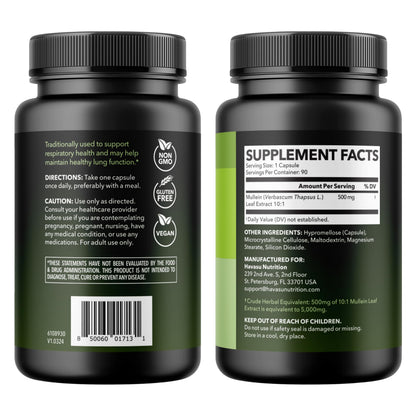 500mg Mullein Extract for Lung Support and Respiratory Health, 30 Count | Mullein Leaf Capsules for Respiratory Health, Vegan, Non-GMO Herbal Supplement for Overall Daily Wellness, 1 Month Supply