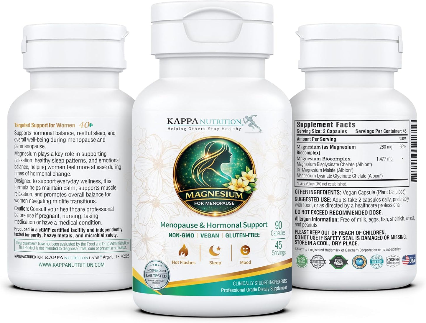 Kappa Nutrition® Magnesium for Menopause | Menopause & Hormonal Support for Women 40+ | Albion® Magnesium Biocomplex | Supports Calm, Sleep & Muscle Relaxation | Vegan | 90 Capsules (45 Servings)