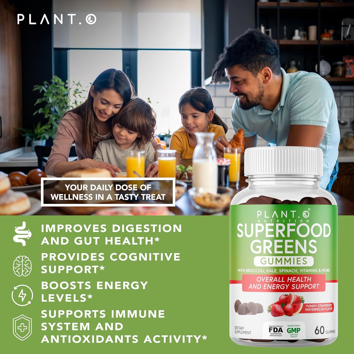 SuperGreens Gummies | Daily Greens Superfood with Fruits, Vegetables & Vitamins to Boost Immunity, Cognitive & Gut Health | Watermelon & Strawberry Flavor | 60 Super Gummies