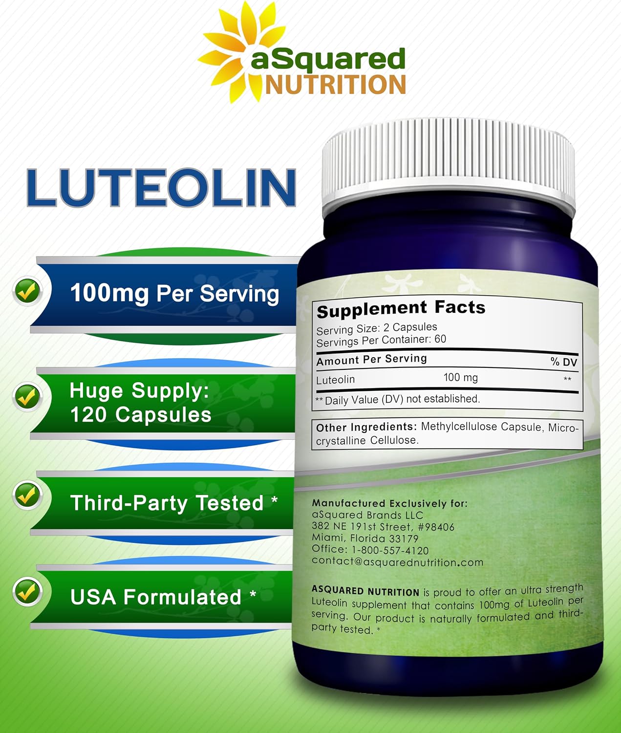 Luteolin 100mg - 120 Capsules - Luteolin Supplement & Powder Complex Pills Commonly Taken with Quercetin - Supports Brain & Memory Health