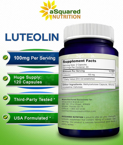 Luteolin 100mg - 120 Capsules - Luteolin Supplement & Powder Complex Pills Commonly Taken with Quercetin - Supports Brain & Memory Health