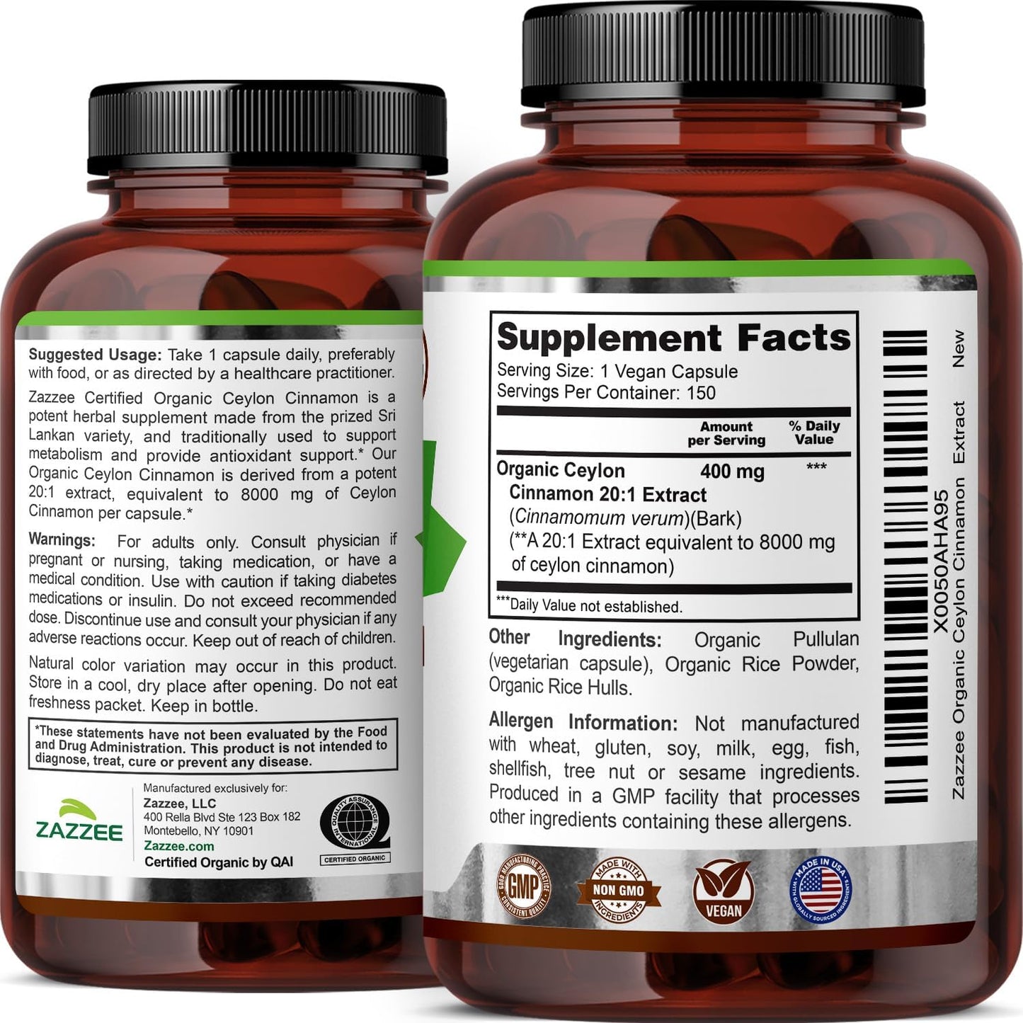 Zazzee USDA Organic Ceylon Cinnamon 20:1 Extract, 150 Vegan Capsules, 5 Month Supply, Sri Lankan Variety, Cinnamomum Verum, Antioxidant & Metabolic Support, All-Natural, Non-GMO, Made in the USA