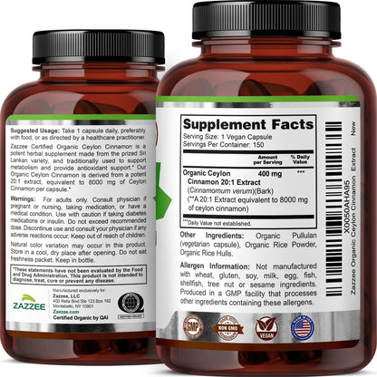Zazzee USDA Organic Ceylon Cinnamon 20:1 Extract, 150 Vegan Capsules, 5 Month Supply, Sri Lankan Variety, Cinnamomum Verum, Antioxidant & Metabolic Support, All-Natural, Non-GMO, Made in the USA