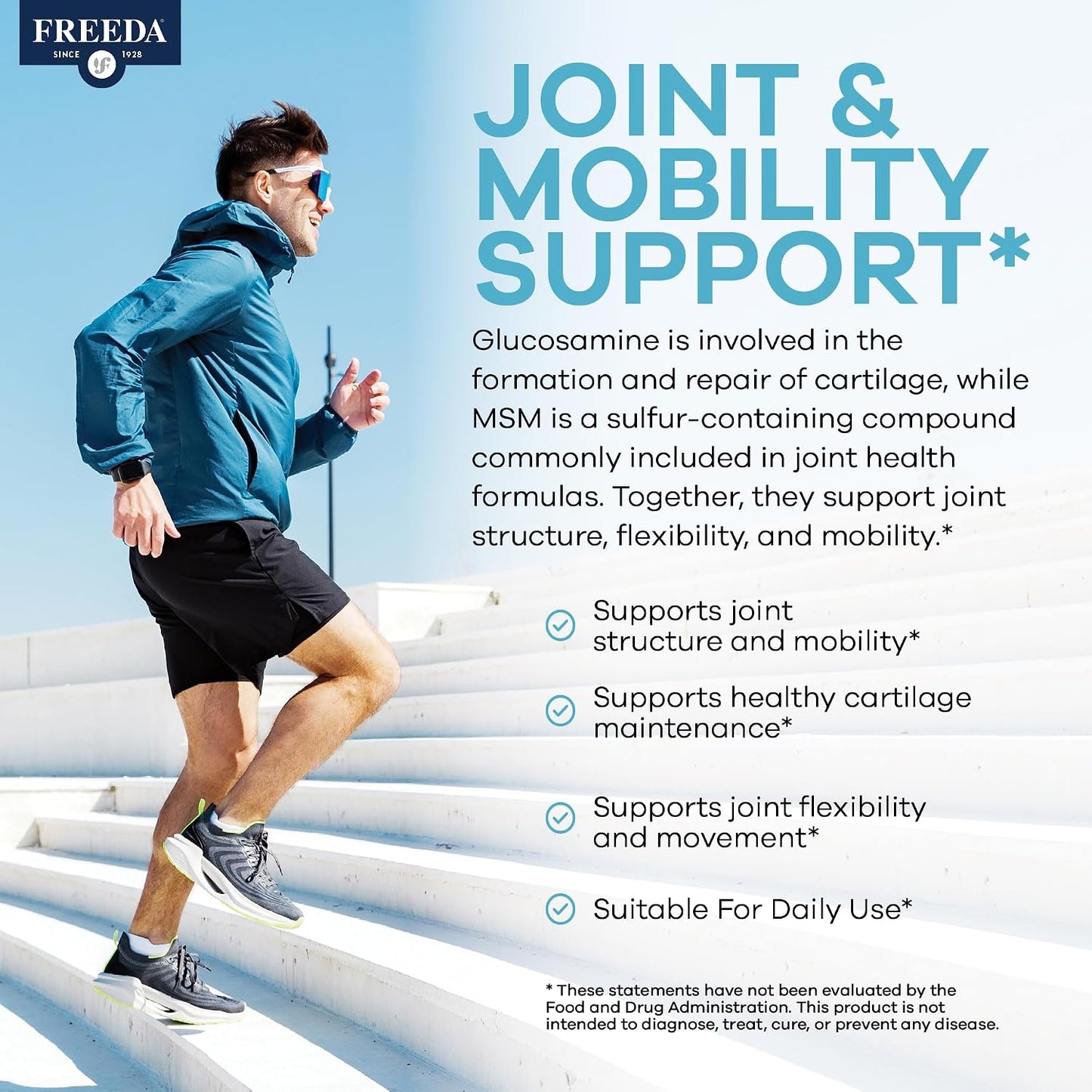 FREEDA Glucosamine 1500mg + MSM 750mg for Bone & Joint Support – 100ct | For Active Lifestyles – Supports Knees, Hips, Flexibility, & Mobility – Vegan, Kosher, Shellfish-Free, Made in USA