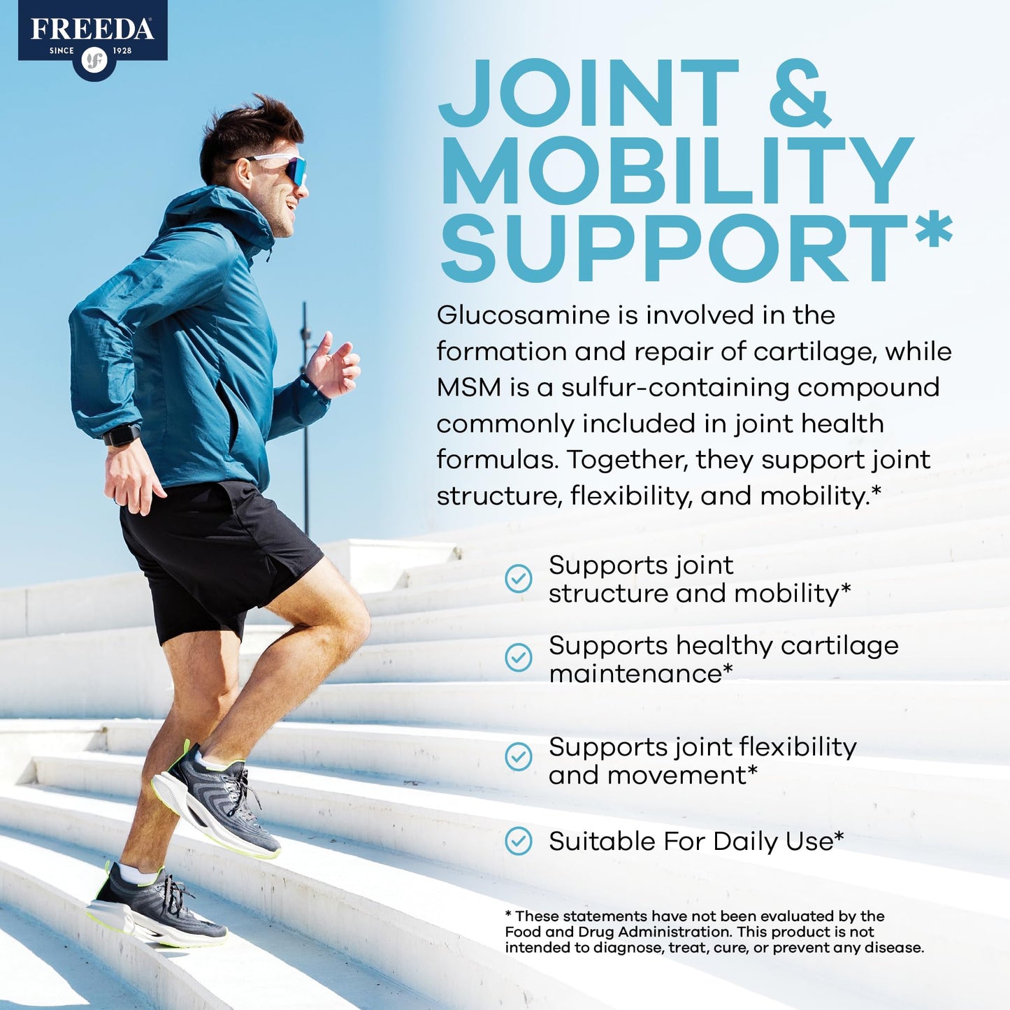 FREEDA Glucosamine 1500mg + MSM 750mg for Bone & Joint Support – 100ct | For Active Lifestyles – Supports Knees, Hips, Flexibility, & Mobility – Vegan, Kosher, Shellfish-Free, Made in USA