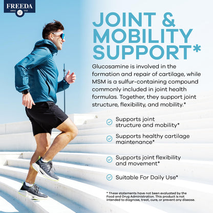 FREEDA Glucosamine 1500mg + MSM 750mg for Bone & Joint Support – 100ct | For Active Lifestyles – Supports Knees, Hips, Flexibility, & Mobility – Vegan, Kosher, Shellfish-Free, Made in USA