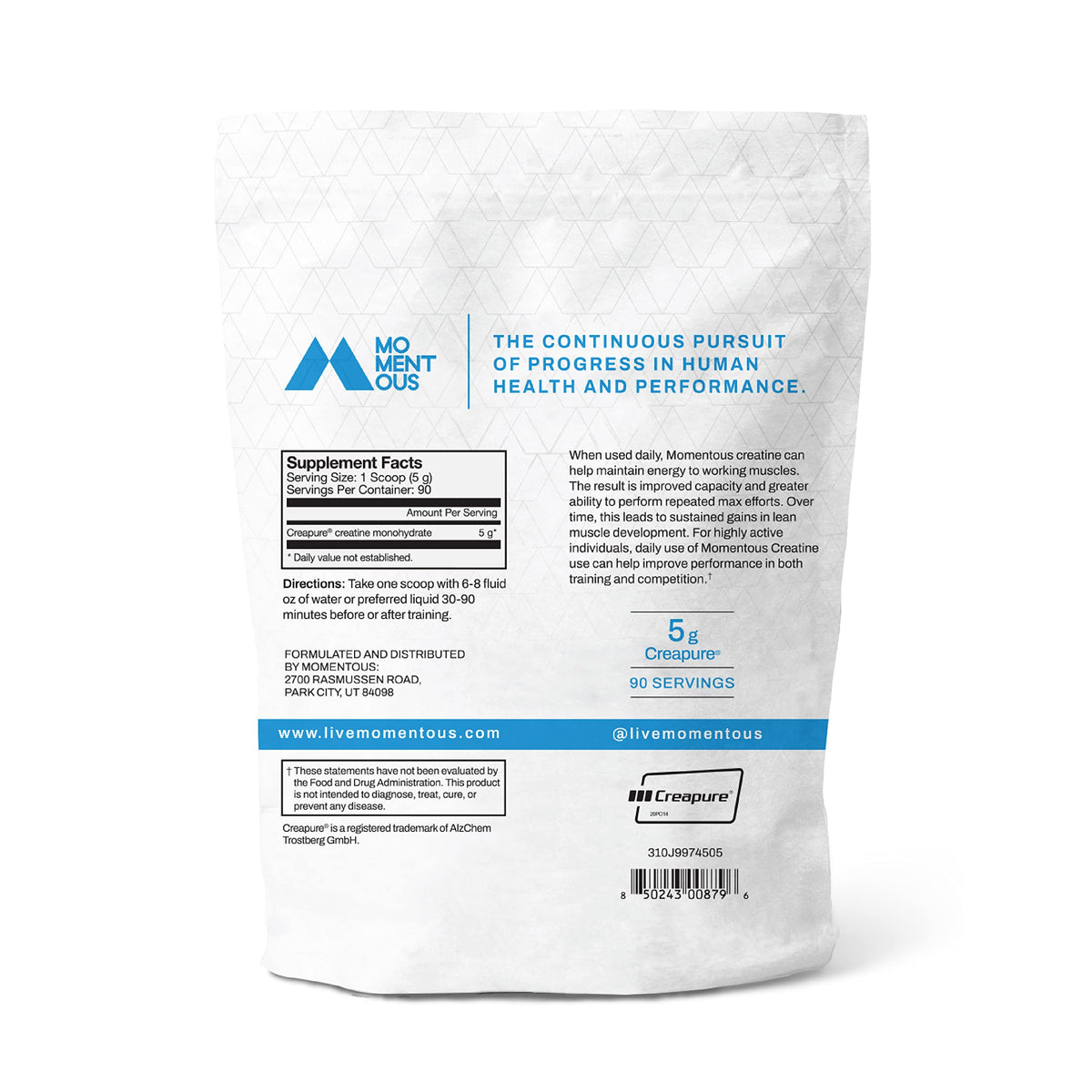 Momentous Creatine, Creapure Performance Creatine Monohydrate Powder 5 Grams