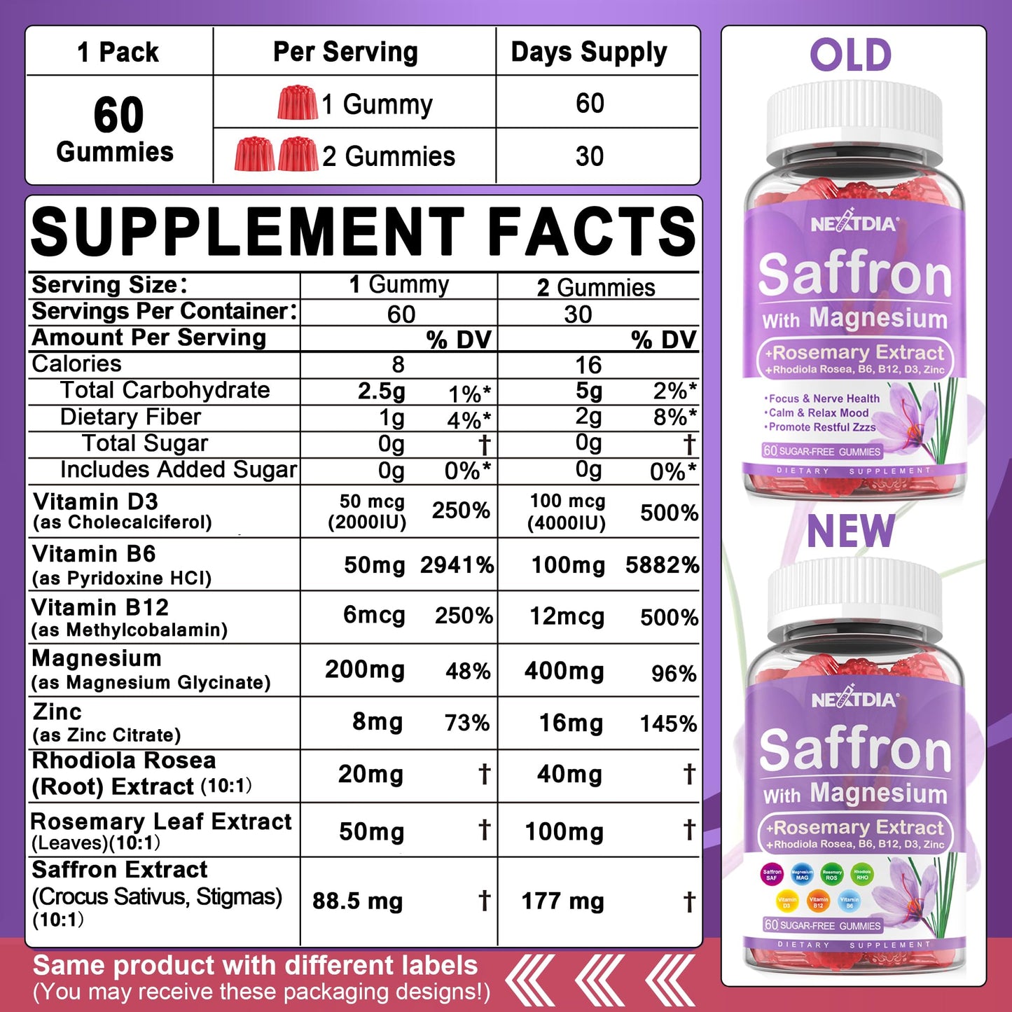 Happy Saffron Supplements Gummies - 4 Months Supply -Saffron Extract 177mg 88.5mg, w/ Magnesium Glycinate 400mg 200mg, Rhodiola, Rosemary, Vitamin D, B6 B12 for Rest, Mood, Calm, Focus, Sugar-Free