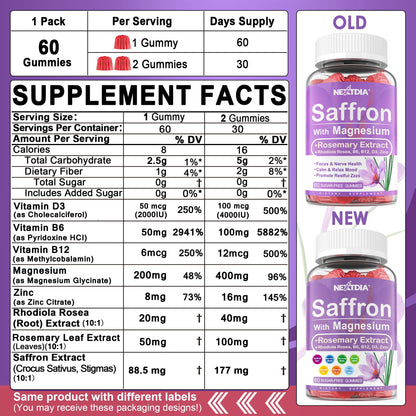 Happy Saffron Supplements Gummies - 4 Months Supply -Saffron Extract 177mg 88.5mg, w/ Magnesium Glycinate 400mg 200mg, Rhodiola, Rosemary, Vitamin D, B6 B12 for Rest, Mood, Calm, Focus, Sugar-Free