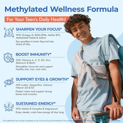 Methylated Multivitamin Gummies for Teens & Kids with Methylfolate, Methyl B12 & Omega3, Teen Vitamins for Boys & Girls 10-19 with Multi-Minerals for Teenager Focus, Energy, Growth, Skin, Eyes, Immune