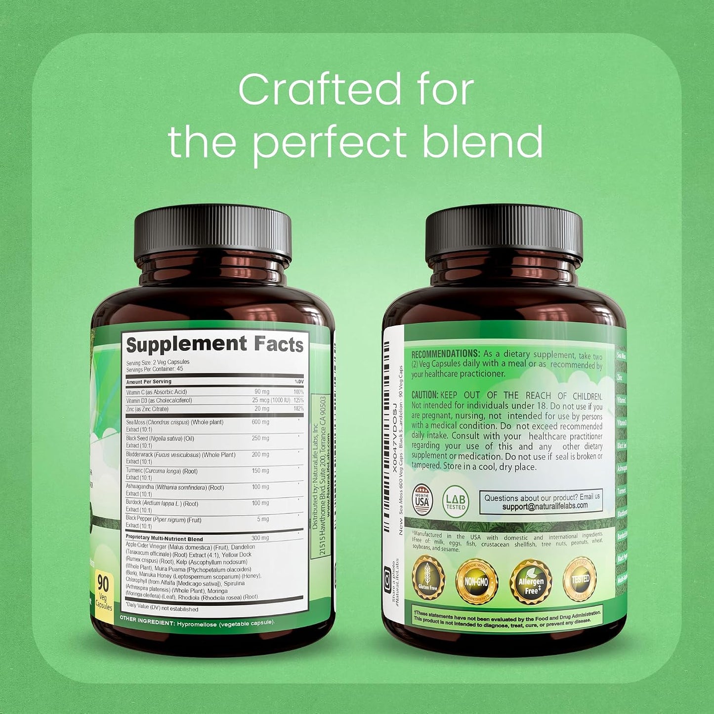 Sea Moss, Black Seed Oil, Bladderwrack, Turmeric, Ashwagandha, Burdock, Vitamin C, D3, Yellow Dock Root, Manuka, Dandelion - 90 Veggie caps