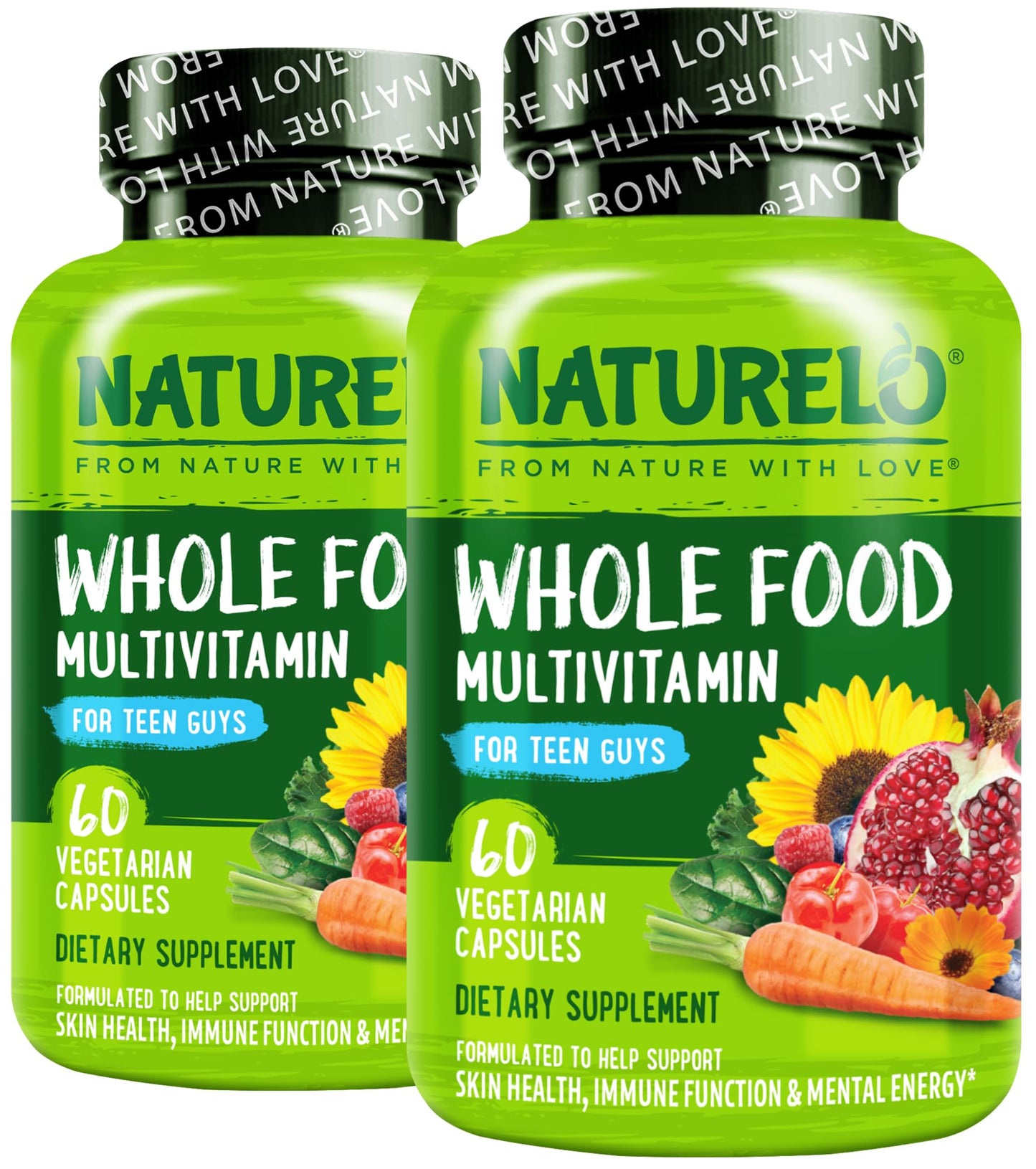 NATURELO Teen Multivitamin - Whole Food Multivitamin for Teenage Boys - Minerals Supplement for Active Kids - with Plant Extracts - Non-GMO - Vegan & Vegetarian - 60 Capsules