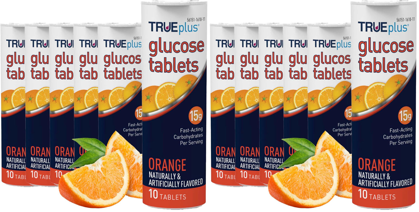 TRUEplus Glucose Tablets, Raspberry Flavor, 10 Count, 6 Tubes | Chewable Tablets, 15g Fast-Acting Carbohydrates, Fat Free, Gluten Free, Boosts Energy, Great Tasting and Easy to Use