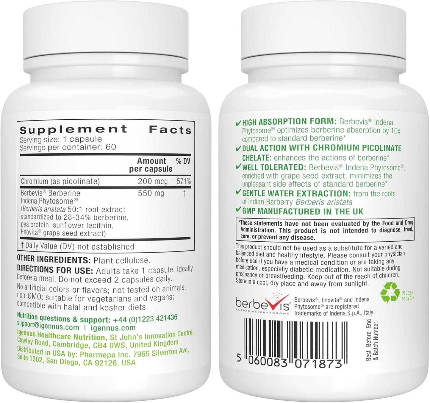 Igennus Dual Action Berberine Phytosome 550mg & Chromium Picolinate, 10x Absorption, Blood Glucose Control, Standardized Berberis Extract Supplement, Clean Label, Vegan, 60 Capsules