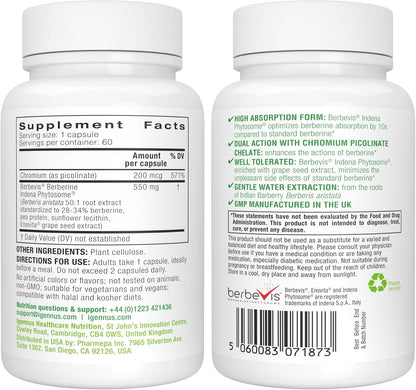 Igennus Dual Action Berberine Phytosome 550mg & Chromium Picolinate, 10x Absorption, Blood Glucose Control, Standardized Berberis Extract Supplement, Clean Label, Vegan, 60 Capsules