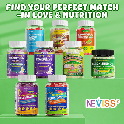 NEVISS Kids Teens Ages 4–17 Multivitamin with Iron Omega3 D3K2, Picky Eater Vitamin Super Greens Gummies, Boys Girls Organic Fruits Veggies Superfood Gummy, Mushroom | Immune Bone Brain, Sugar Free