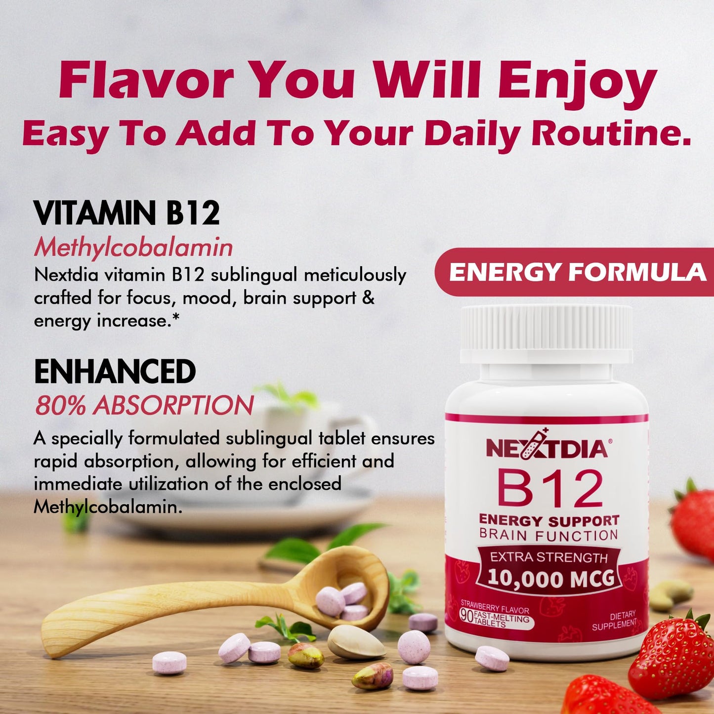 B12 Vitamins 10,000 mcg, Methylated Vitamin B12 Sublingual - Energy Boost, Focus, Metabolism & Brain Health Support, Immune System Support, Fast Dissolve, Natural Strawberry Flavor, 180 Servings