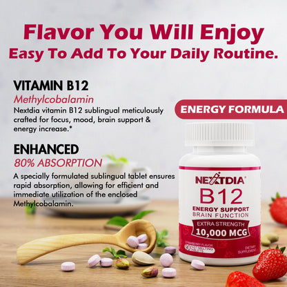 B12 Vitamins 10,000 mcg, Methylated Vitamin B12 Sublingual - Energy Boost, Focus, Metabolism & Brain Health Support, Immune System Support, Fast Dissolve, Natural Strawberry Flavor, 180 Servings