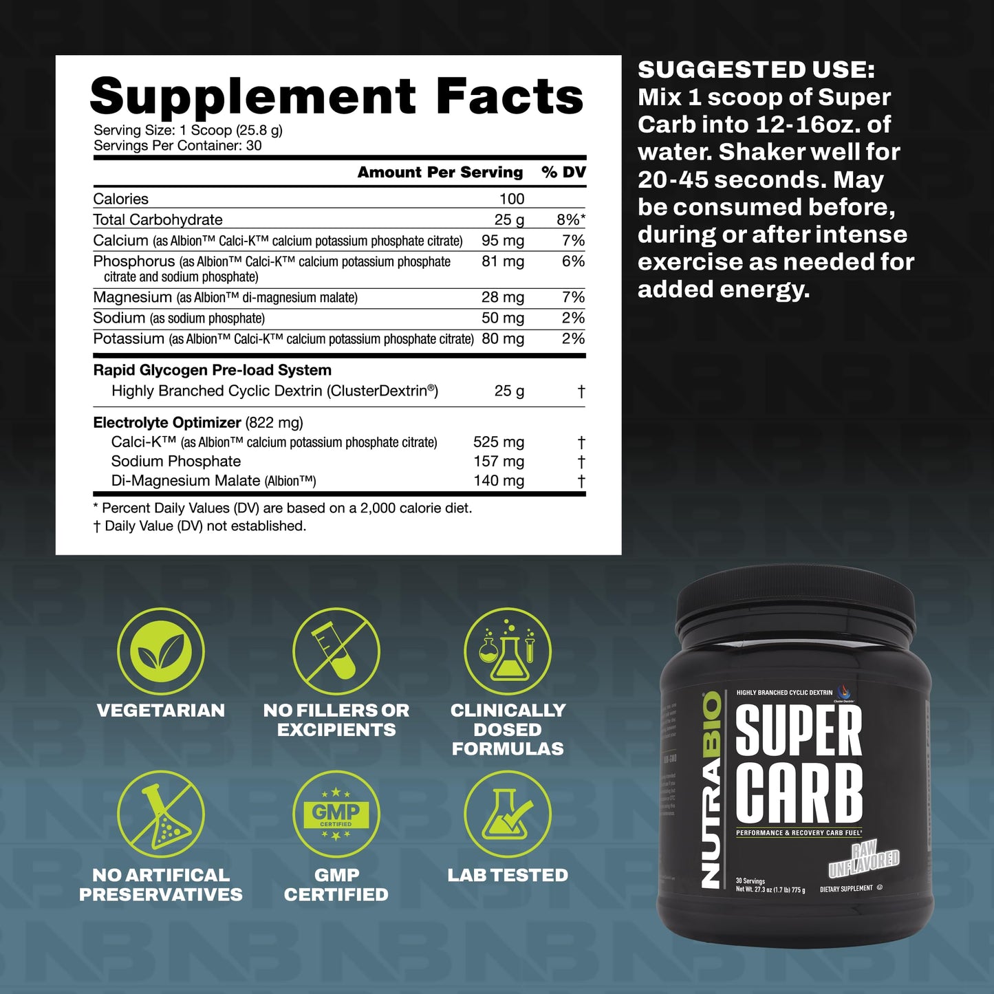 NutraBio Super Carb, Carbohydrate Powder with Cluster Dextrin & Electrolytes, Advanced Carb Supplement Powder for Workout Fuel, Performance, and Muscle Recovery, Cyclic Dextrin, Unflavored, 30 Sv