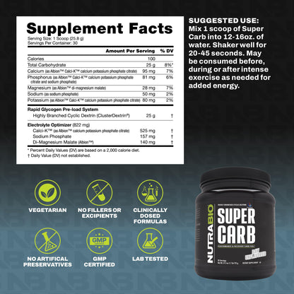 NutraBio Super Carb, Carbohydrate Powder with Cluster Dextrin & Electrolytes, Advanced Carb Supplement Powder for Workout Fuel, Performance, and Muscle Recovery, Cyclic Dextrin, Unflavored, 30 Sv