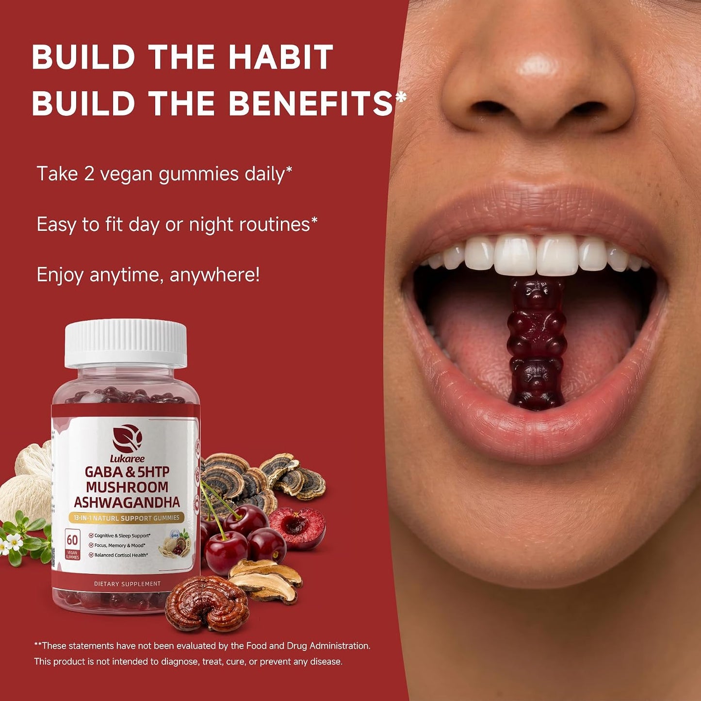 GABA & Mushroom Gummies Supplement for Sleep & Brain Support,Extra Strength | Plus Mushroom Complex, 5‑HTP & Tart Cherry, No Melatonin for Natural Sleep, Berry Flavor-Sugar Free, 60 Gummies