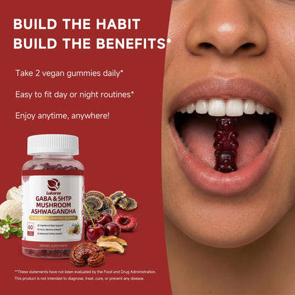 GABA & Mushroom Gummies Supplement for Sleep & Brain Support,Extra Strength | Plus Mushroom Complex, 5‑HTP & Tart Cherry, No Melatonin for Natural Sleep, Berry Flavor-Sugar Free, 60 Gummies