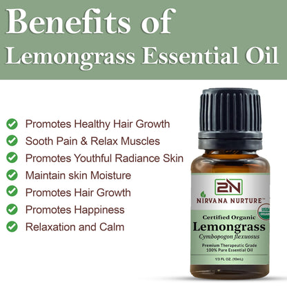Nirvana Nurture Lemongrass Essential Oil USDA Certified Organic 100% Pure Premium Therapeutic Grade