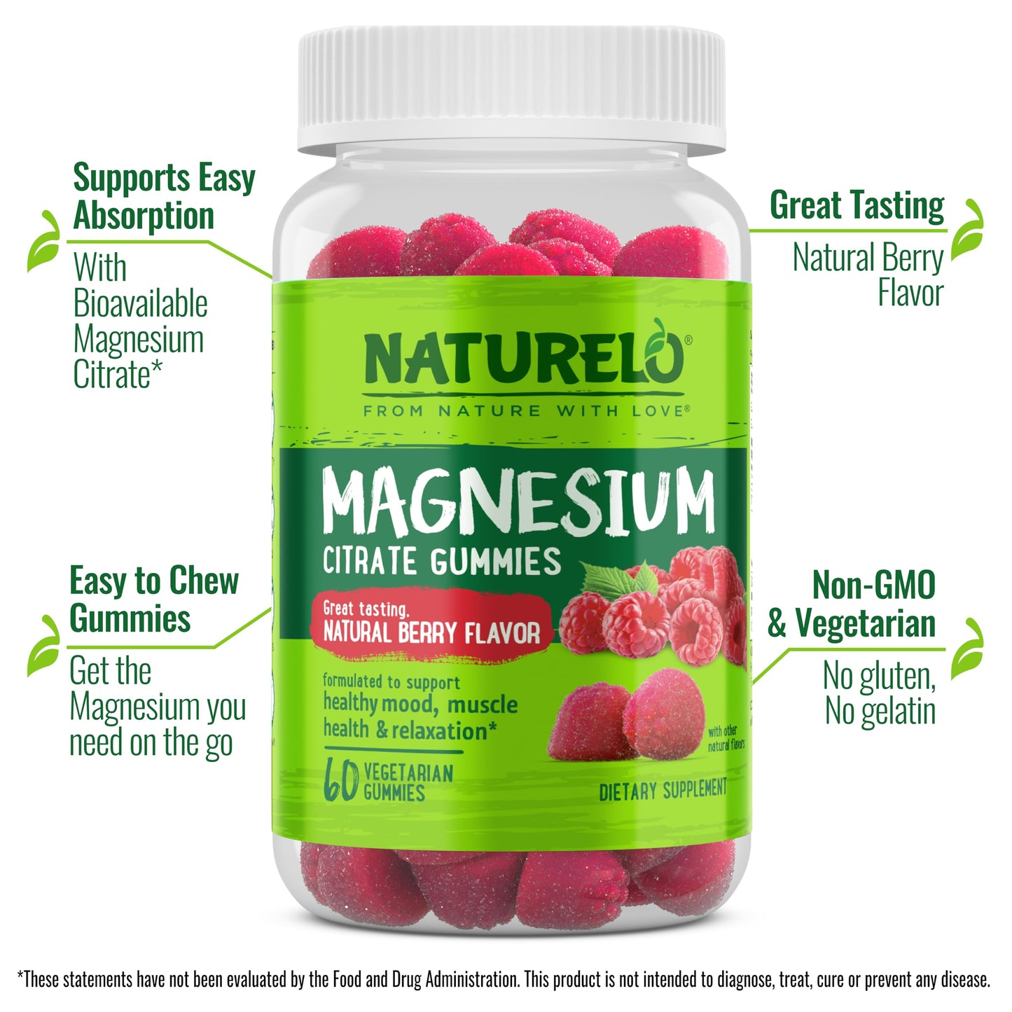 NATURELO Magnesium Citrate Gummies - for Calm & Relaxation Support, Natural Berry Magnesium Gummies, 60 Vegetarian Gummies