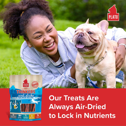 Plato Pet Treats Thinkers - Meat Stick Treats for Dogs - Limited Ingredient with EPA and DHA to Support Skin, Coat, and Brain - Air-Dried - Thinkers Salmon 10oz - 2 Pack