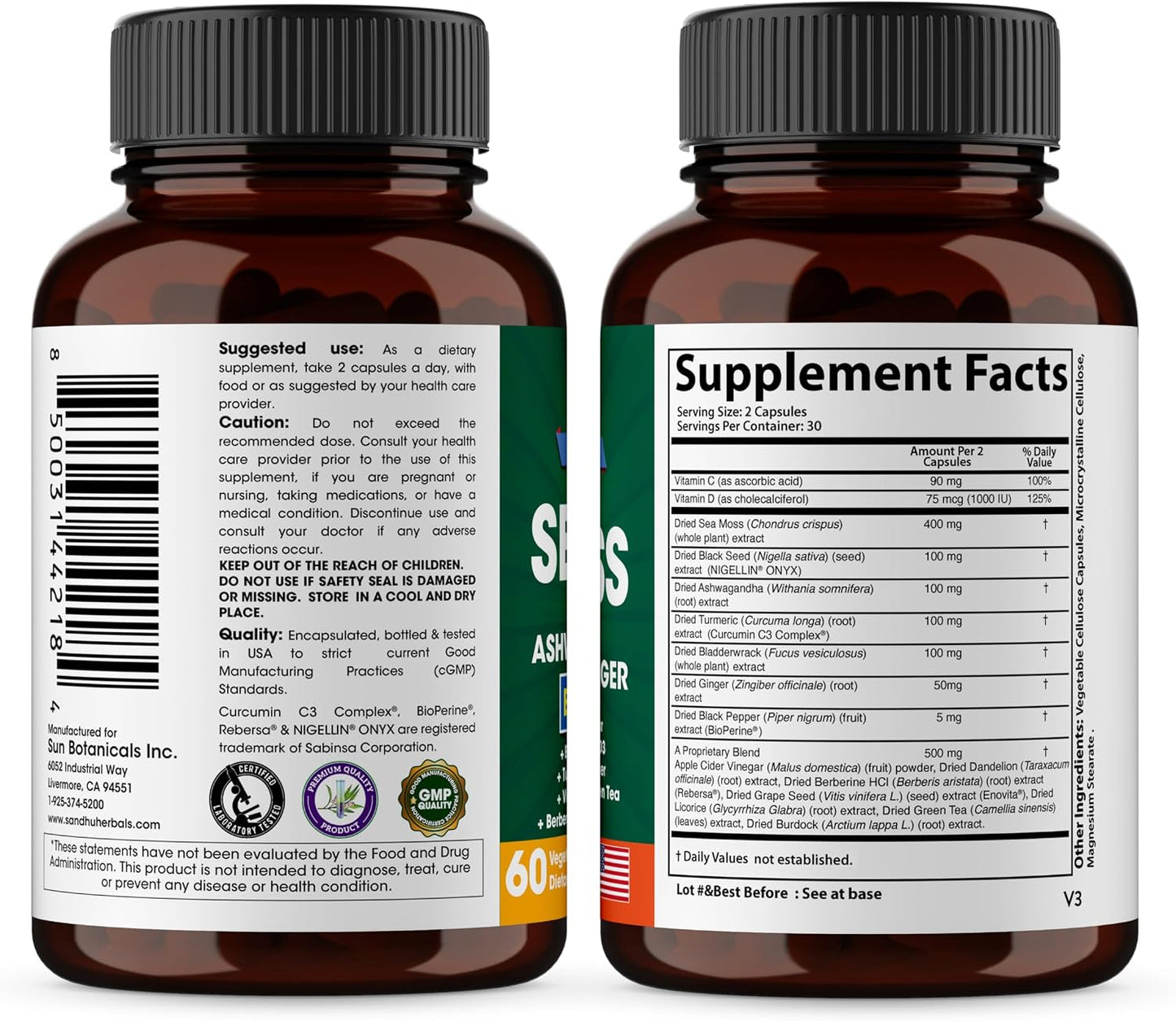Sea Moss Capsules with Black Seed Oil Ashwagandha Ginger Burdock Root | Advanced Seamoss 60 Count | All Men Women Age