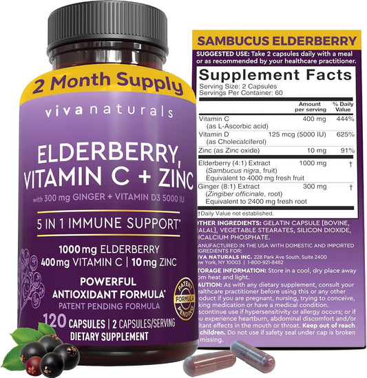 Viva Naturals Elderberry with Vitamin C and Zinc for Adults - 5 in 1 Sambucus Black Elderberry Capsules with Vitamin D3 5000 IU Immunity Supplement, Sambucus Elderberry Immune Support Supplement