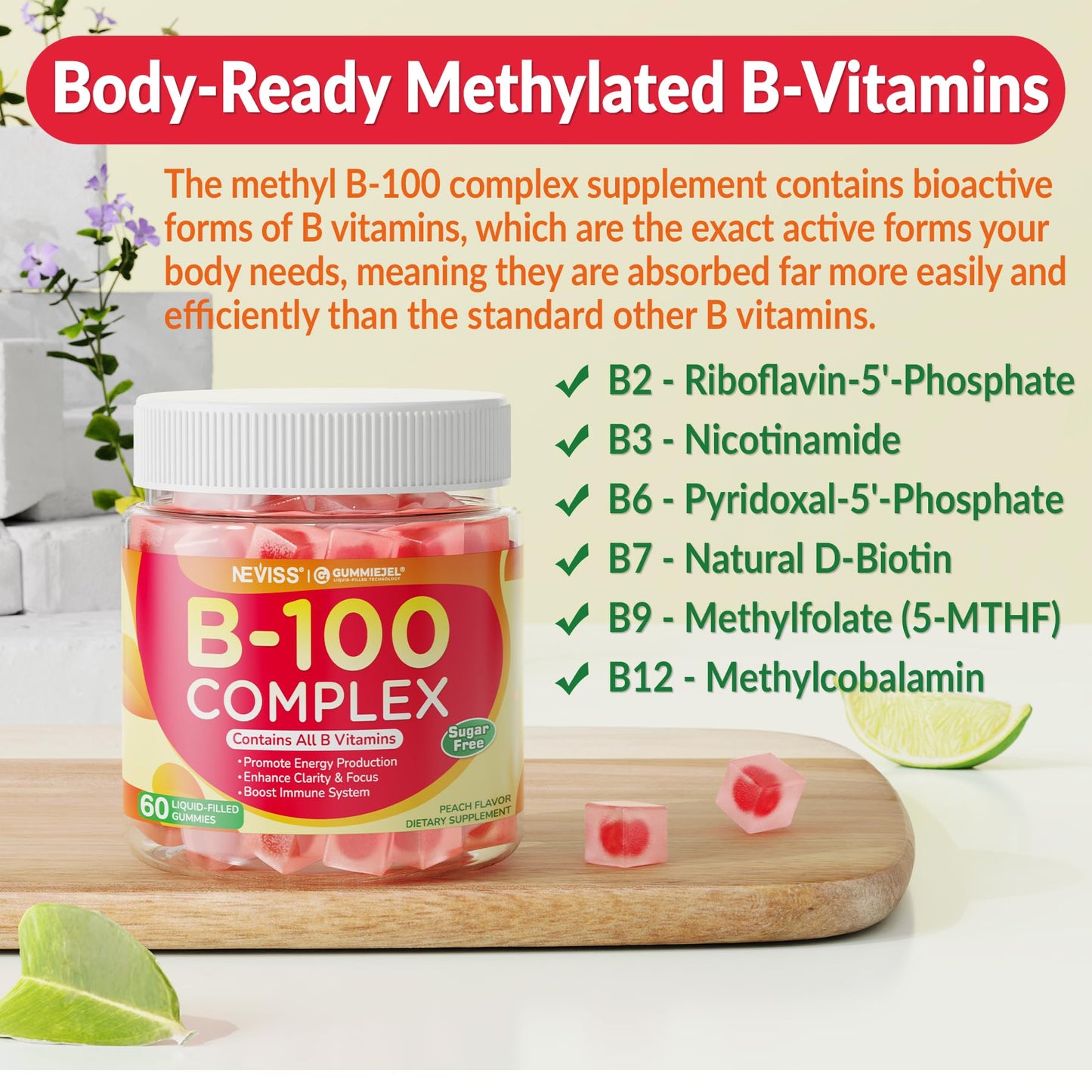 Super Vitamin B Complex Gummies - Methylated B Complex for Women & Men, All B Vitamins, Methyl B12, Methylfolate, Vitamin C, Choline, Inositol, PABA for Energy, Brain & Immune, 0g Sugar, Vegan, 60 Cts