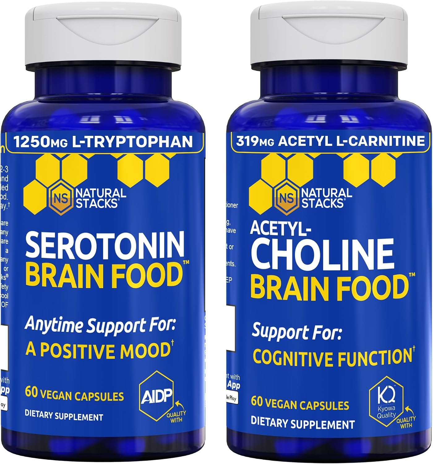 NATURAL STACKS Acetylcholine Brain Food & Serotonin Brain Food Bundle - Supports a Positive Mood & Cognitive Function* - 120 Total Capsules