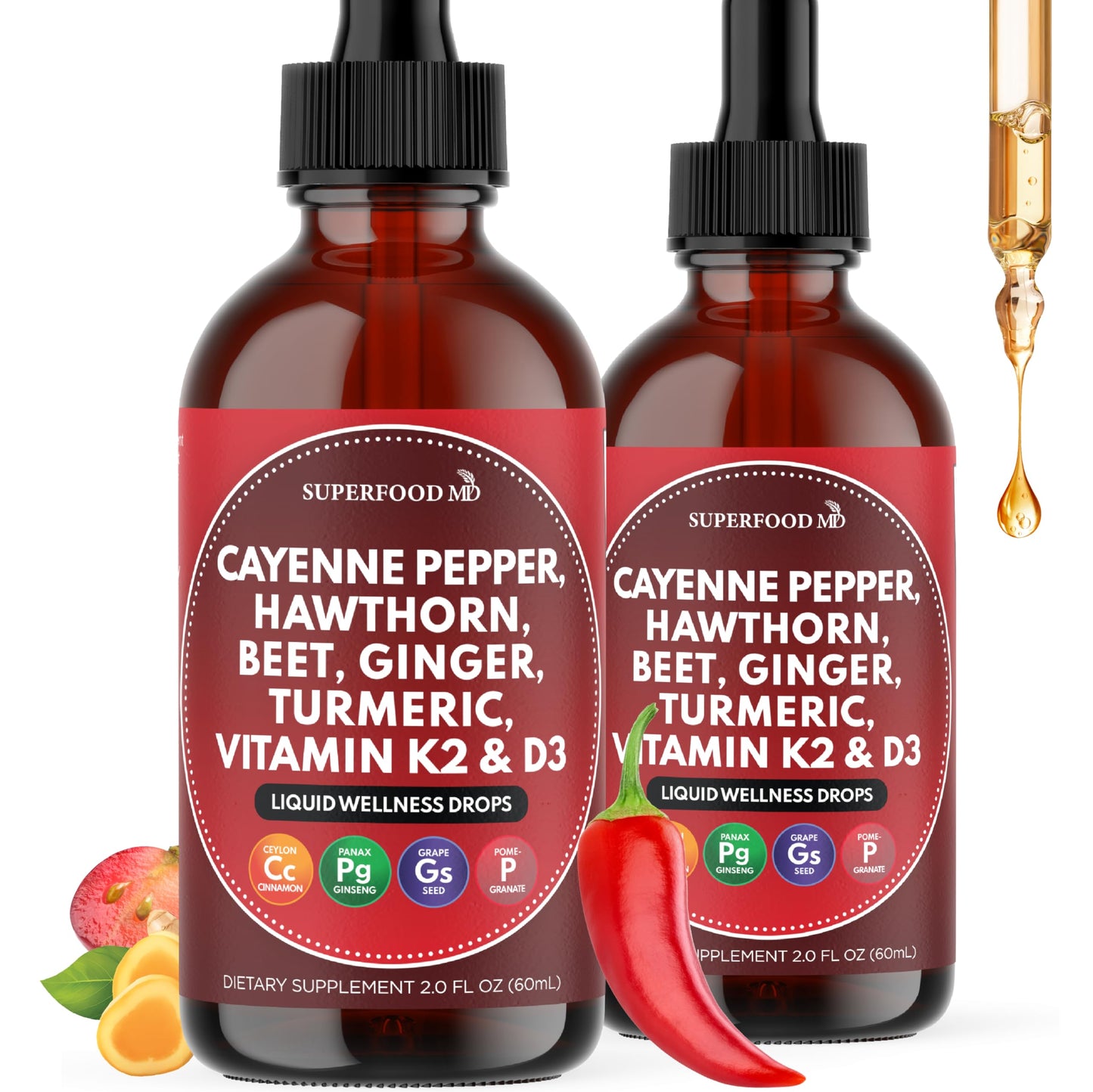 Cayenne Pepper Supplement Liquid Drops + Hawthorn Berry, Vitamin D3 K2 Beet Root Powder, Ceylon Cinnamon, Turmeric Curcumin, Organic Panax Ginseng - 4 OZ