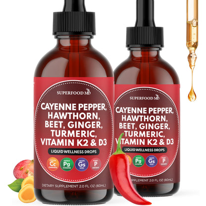 Cayenne Pepper Supplement Liquid Drops + Hawthorn Berry, Vitamin D3 K2 Beet Root Powder, Ceylon Cinnamon, Turmeric Curcumin, Organic Panax Ginseng - 4 OZ