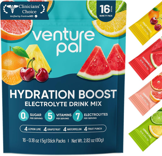 Venture Pal Sugar Free Electrolyte Powder Packets, Keto Friendly, 16 Sticks | Liquid Daily IV Hydration Packets for Rapid Rehydration. 7 Electrolytes & 5 Vitamins | Non-GMO | Vegan | Fast Dissolve