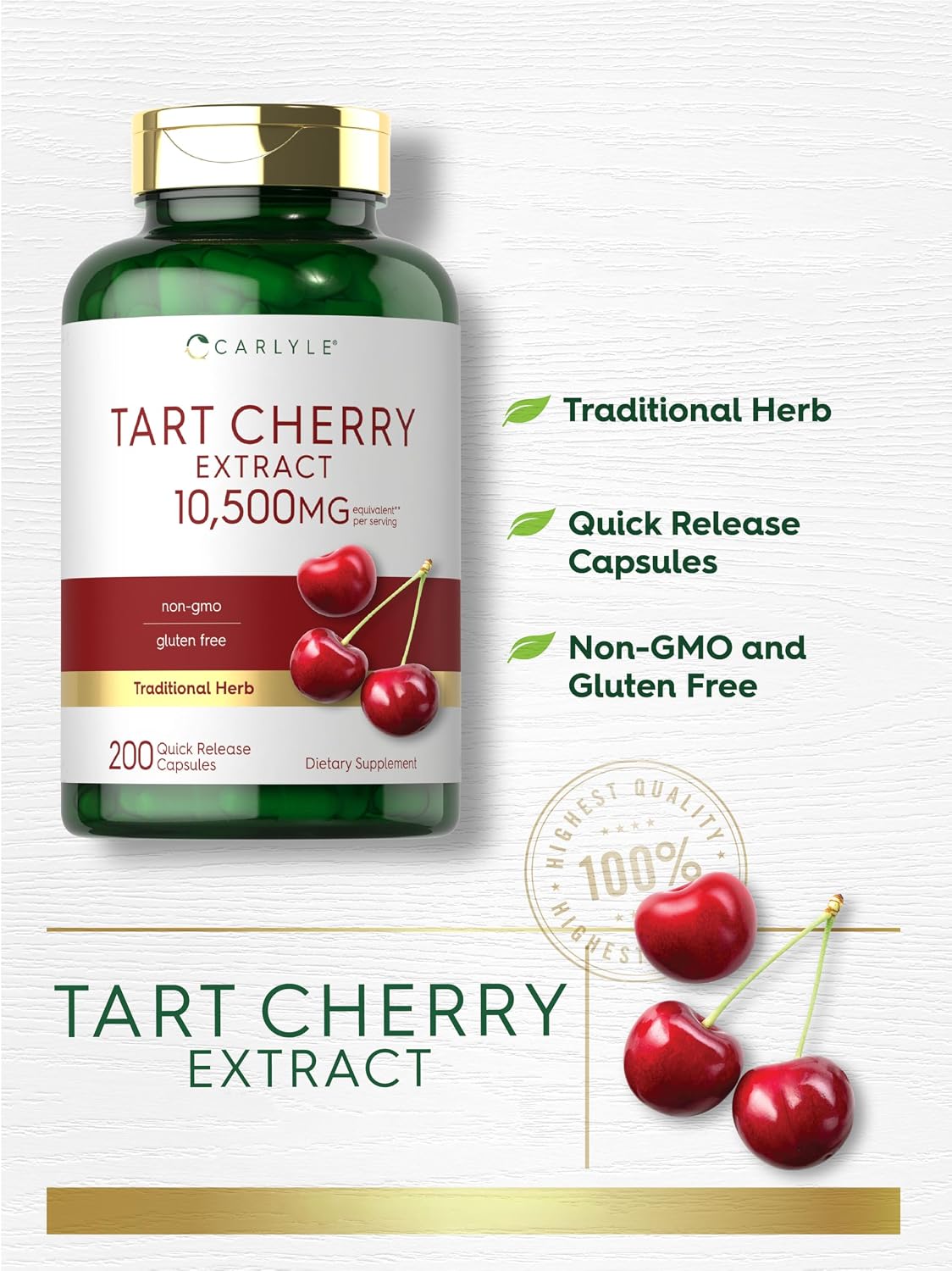Carlyle Tart Cherry Capsules | 200 Pills | Max Potency | Non-GMO, Gluten Free | Tart Cherry Juice Extract