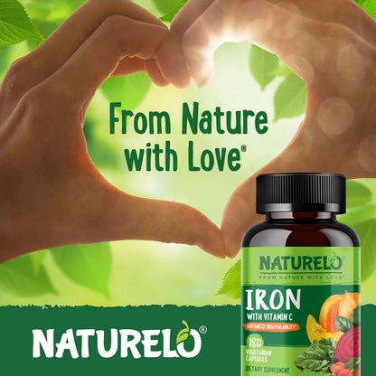 NATURELO Vegan Iron Supplement with Vitamin C and Organic Whole Foods - Gentle Iron Pills for Women & Men with Iron Deficiency Including Pregnancy, Anemia and Vegan Diets - 90 Mini Capsules