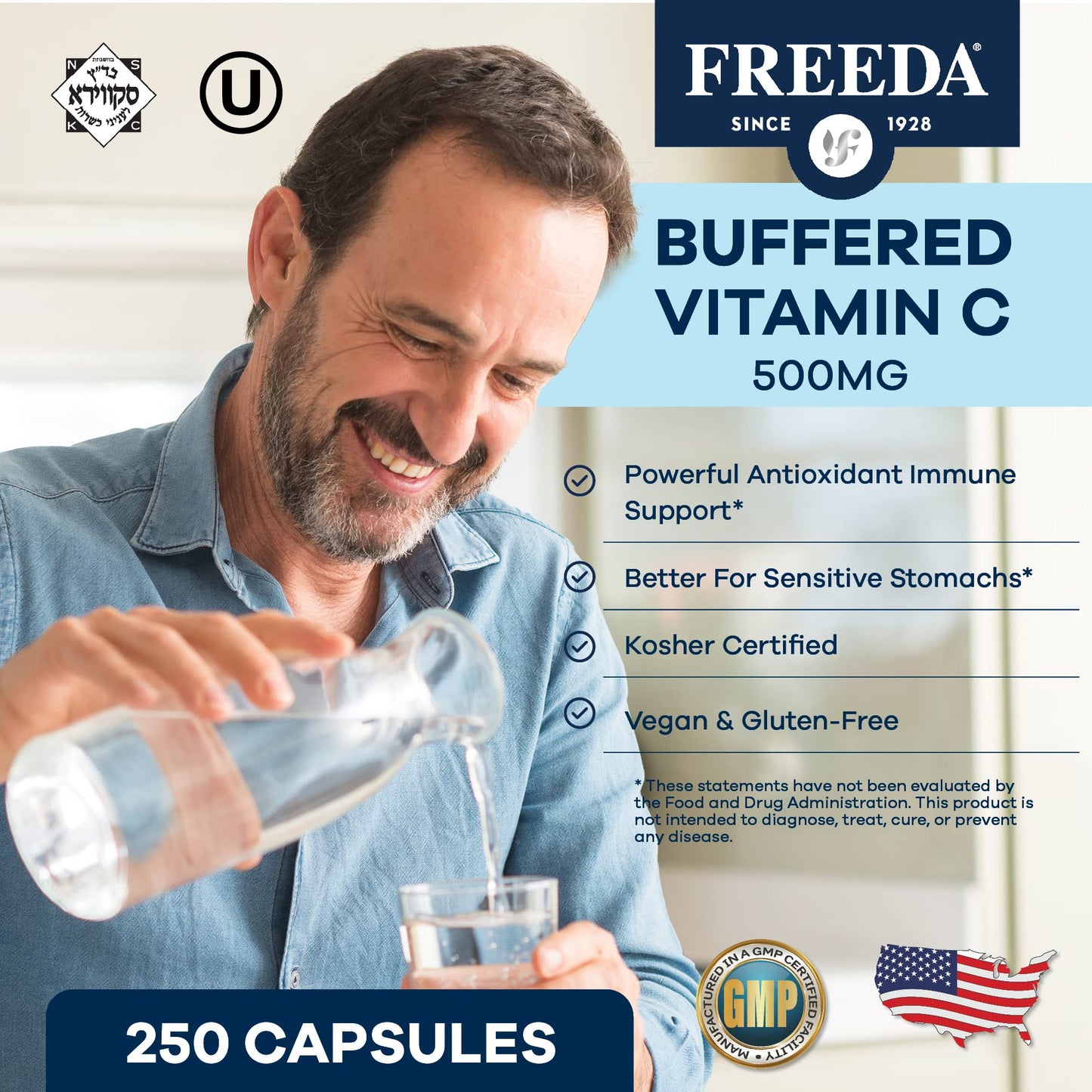 FREEDA Buffered Vitamin C 500mg for Immune Support – 100 Capsules | Includes 50mg Calcium – Supports Immune Health & Antioxidant Defense – Gentle on Stomachs, Kosher, Vegan, & Made in USA